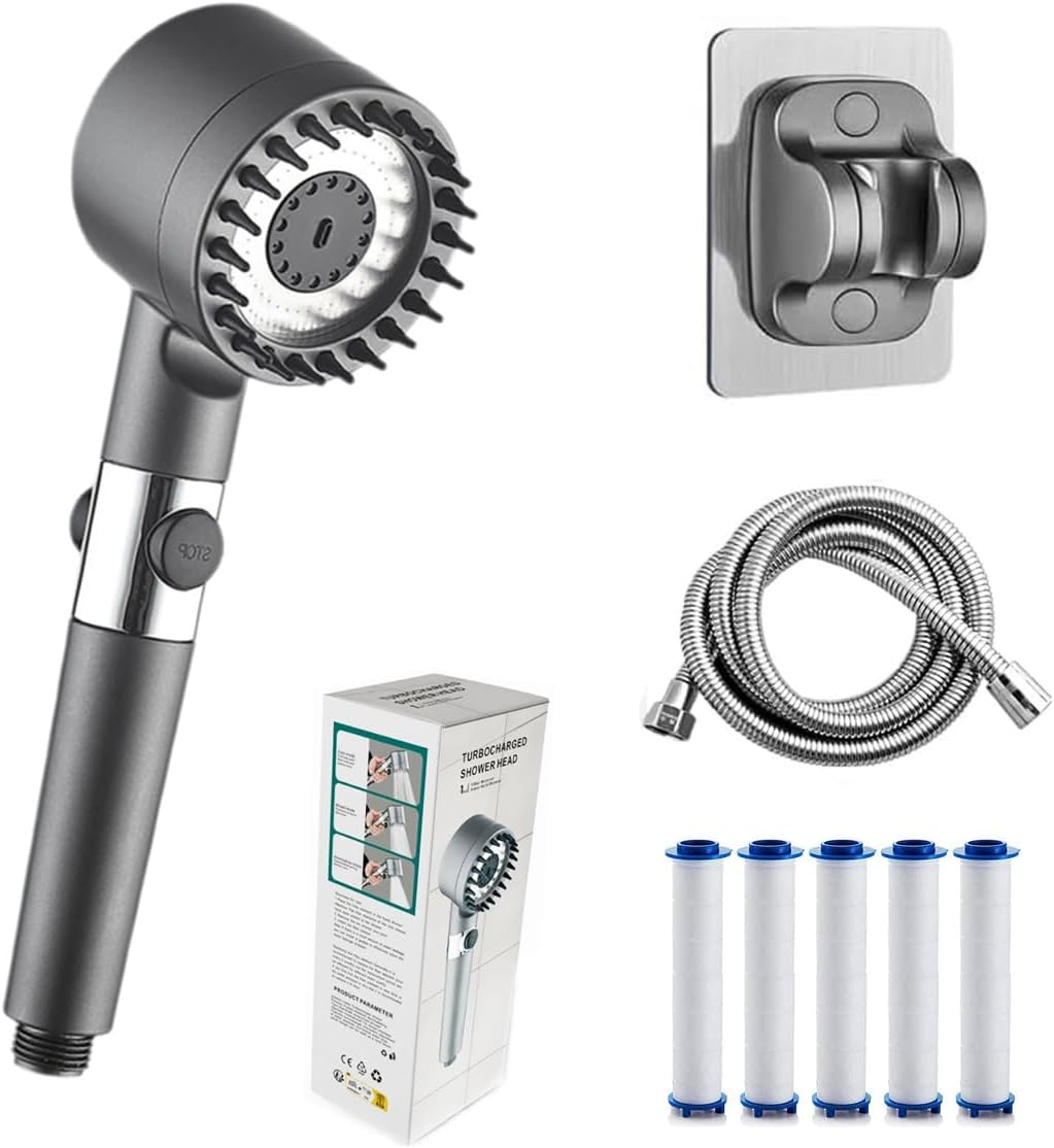 Enjoy A Home Spa Shower Experience With This 9-Piece Pressurized Shower Head Set, Featuring An Ionized Cool Mist Shower Mode And A One-Touch Water Shut-Off Function. Includes A Water Jet Function, Stainless Steel Hose, Punch-Free Bracket And 6 Filters.