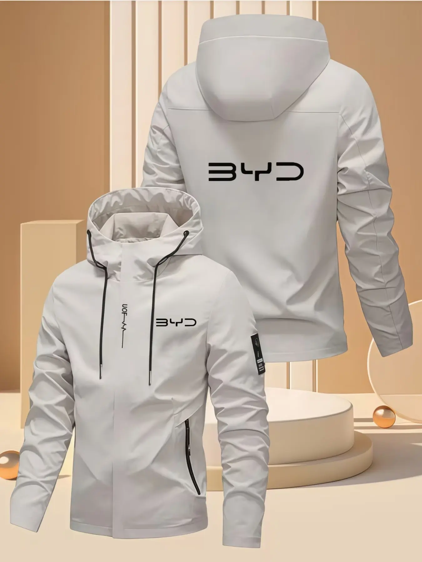Men's Jacket Byd Logo Print Design, Outdoor Sports Jacket, 100% Polyester, Lightweight Windproof Hood, Fashionable Unique Print, Ideal for Outdoor Enthusiasts