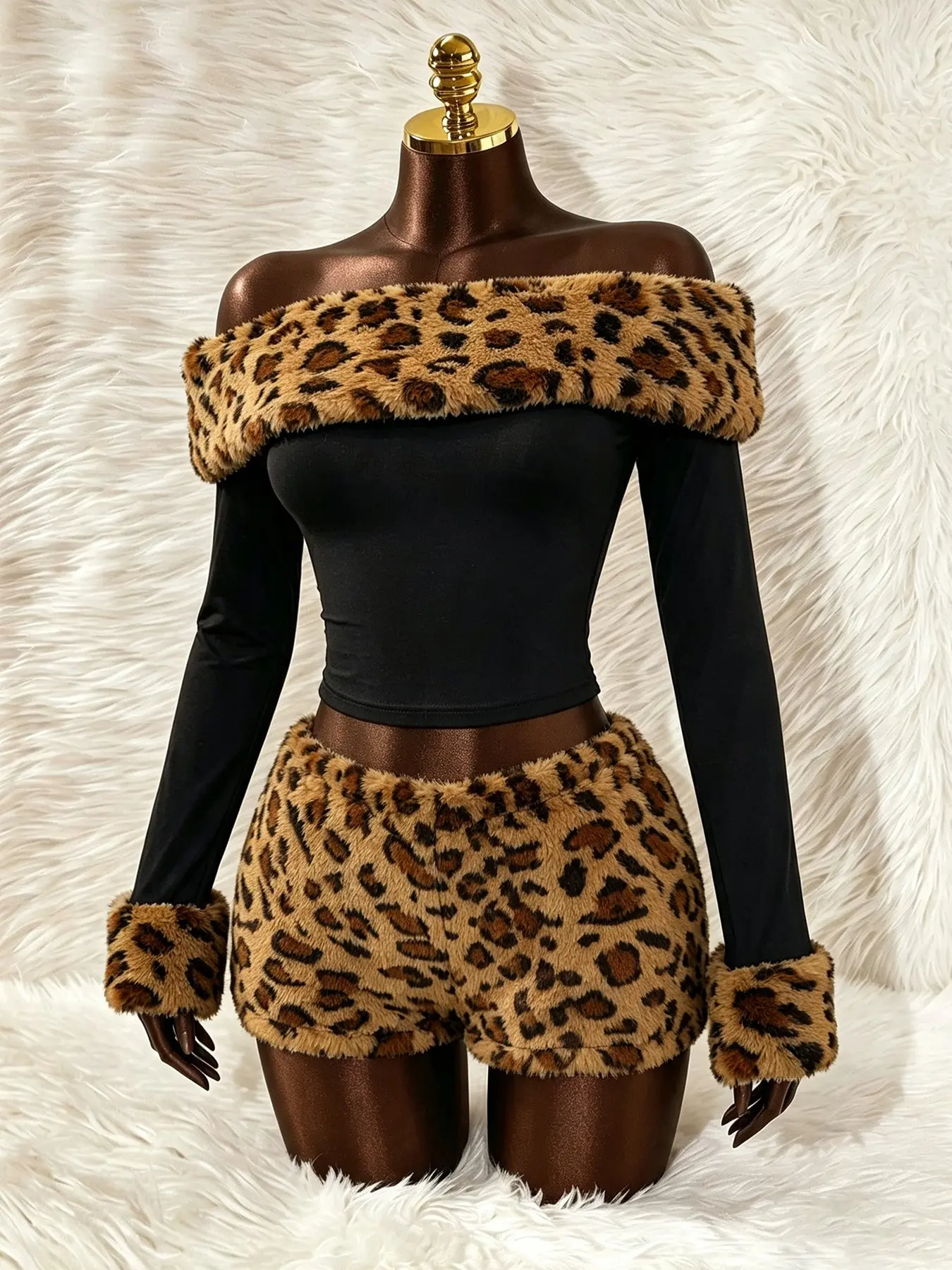 Two-Piece Women's Sexy Set, Leopard Fuzzy Off Shoulder Crop Top + Shorts Set, for Club Party Matching Suit
