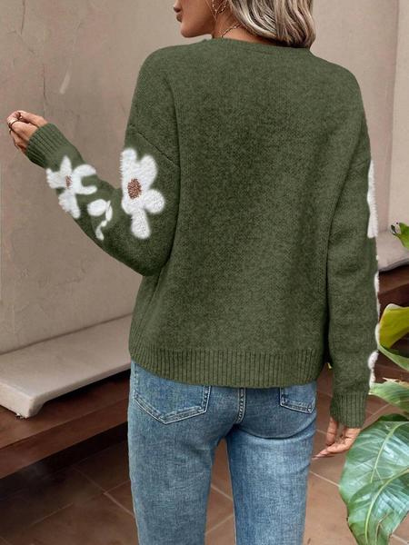Women's New Loose Round-Neck Floral Pattern Long-Sleeve Pullover Sweater for Autumn and Winter, Elegant Casual Knitwear