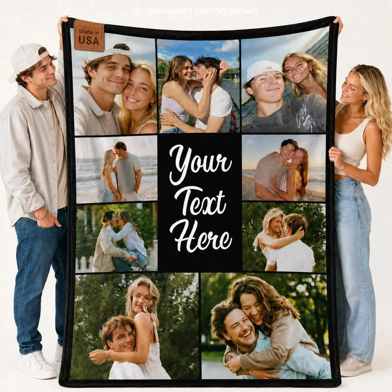 Cute Couple Custom 9-Photo Collage Flannel Blanket, Made in USA Label, Personalized Throw with Your Text, Soft Cozy Warm Bedding for Bed Sofa, Romantic Gift for Boyfriend Girlfriend (Valentine's Day Anniversary Wedding)