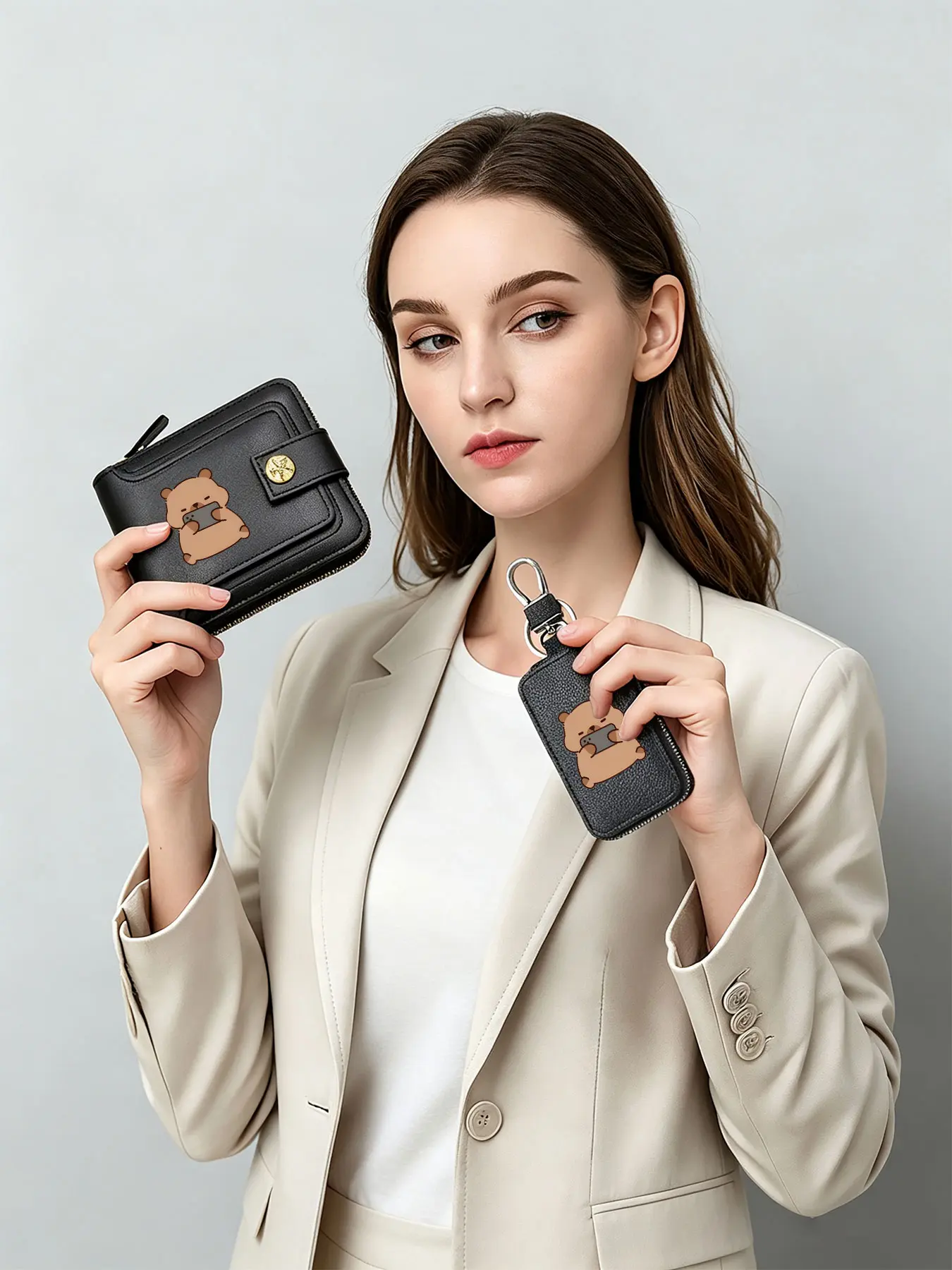 2Pcs Capybara Patterned Business-style PU Faux Leather Wallet and Key Case Set. Simple Design Wallet with Multiple Card Slots, An Excellent Choice for Holiday Gifts and Business Presents