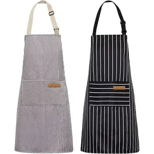 Black White Striped Kitchen Apron Adjustable Oil Repellent Work Apron With 2 Pockets For Men Women Baking Cooking Restaurant
