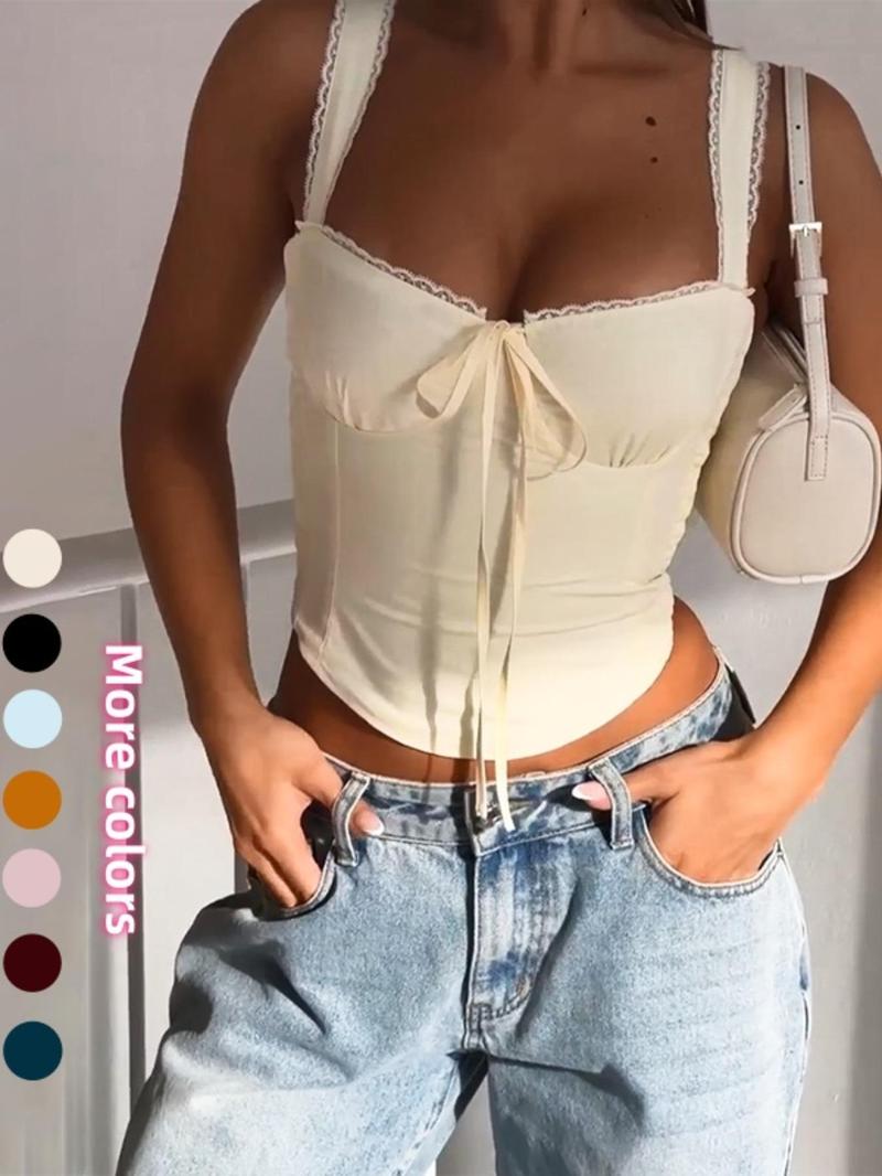 Women's Solid Color Lace Trim Crop Tank Top, Casual Sleeveless Cropped Top for Summer, Fashion Women's Top for Daily Wear, Casual Sleeveless Cami