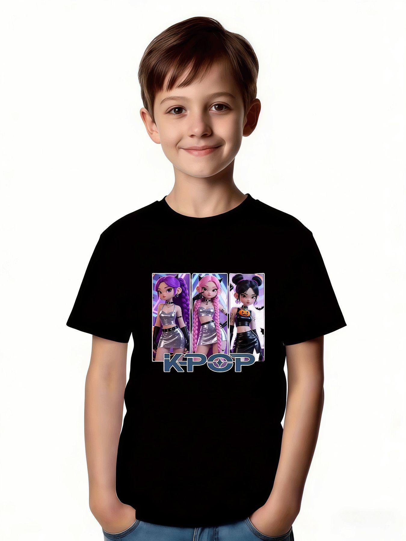 1K-POP Cartoon Girl Group Print, Skin-friendly, Breathable, Trendy and Eye-catching Short-sleeved Top, Perfect for Girls' Idol-chasing and Party Outfits, a Must-have for Black Friday, Valentine's Day, and Other Holidays, Full of Trendy Vibes and Super