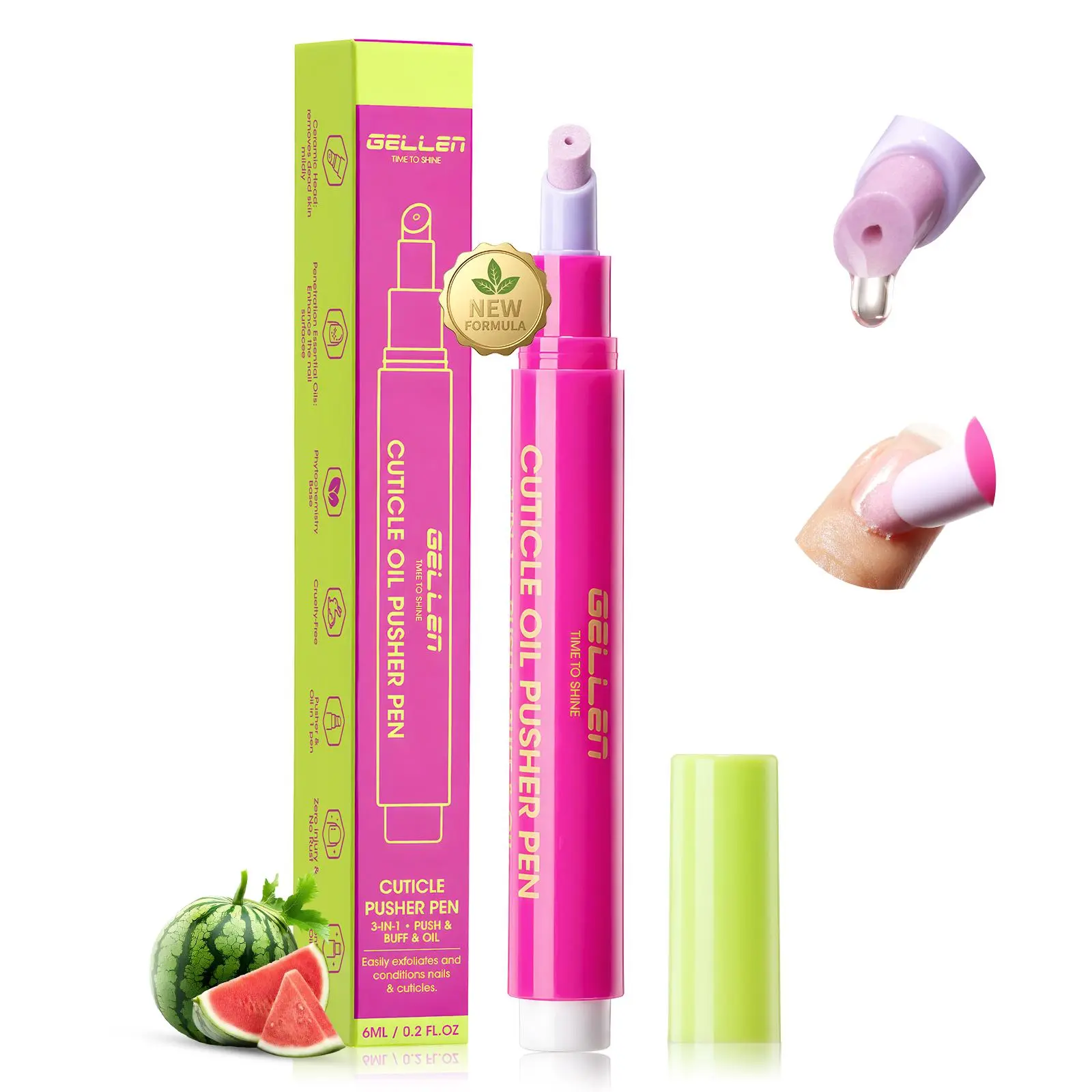 Cuticle Oil Pen with Ceramic Cuticle Pusher, Watermelon Nail Care Oil, One-Click Applicator for Dry Cuticles, Portable 6ml Home Manicure Tool