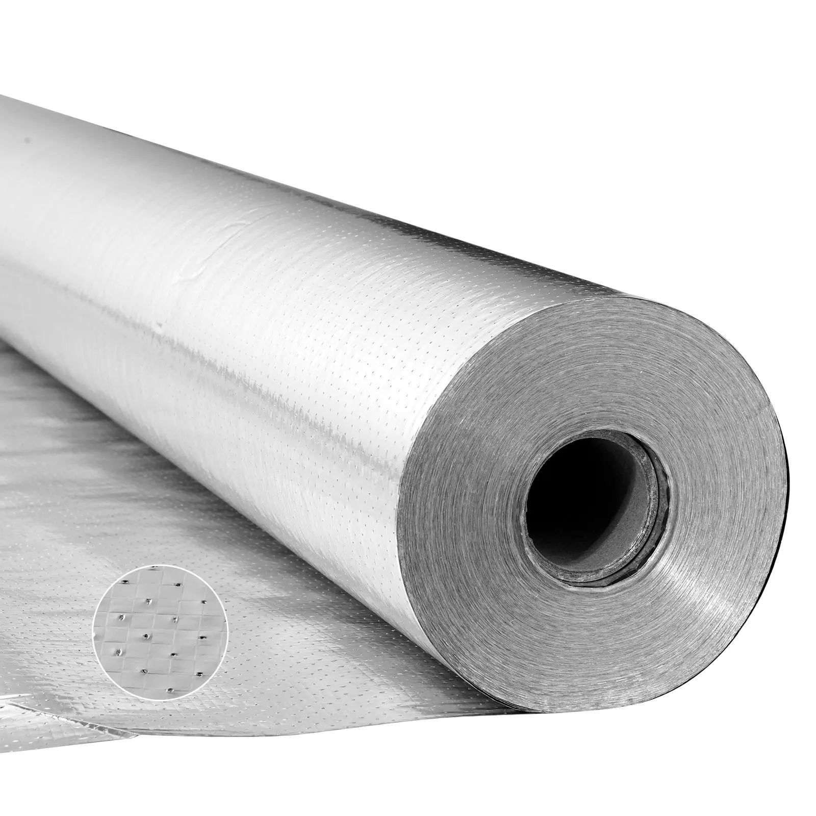 VEVOR Reflective Roll Insulation, Perforated Woven Fabric Radiant Barrier, 0.15 mm 48 in x 125 ft Breathable Double-Sided Aluminum Foil Shield, Condens-Free Easy-Installation Outdoor Solution for Pet Houses, Garage Doors