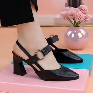 Women High Heeled Leather Wine Glass Heel Sandals Spring Summer Hollow Pointed Toe Stylish Elegant Mid Heel