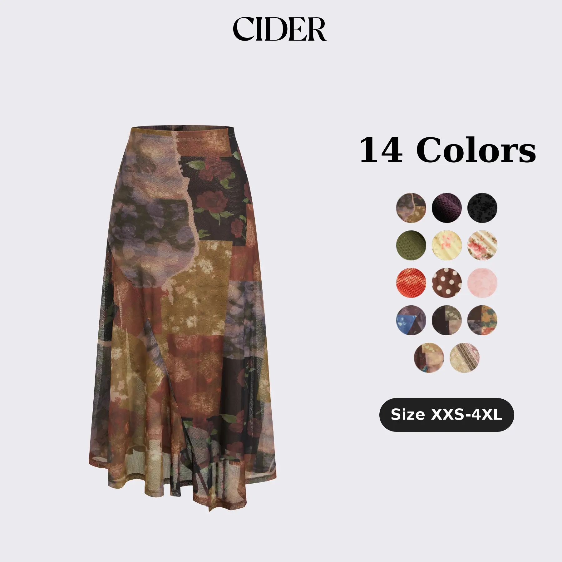 Cider Mesh Mid Rise Abstract Graphic Floral Asymmetrical Hem Maxi Skirt