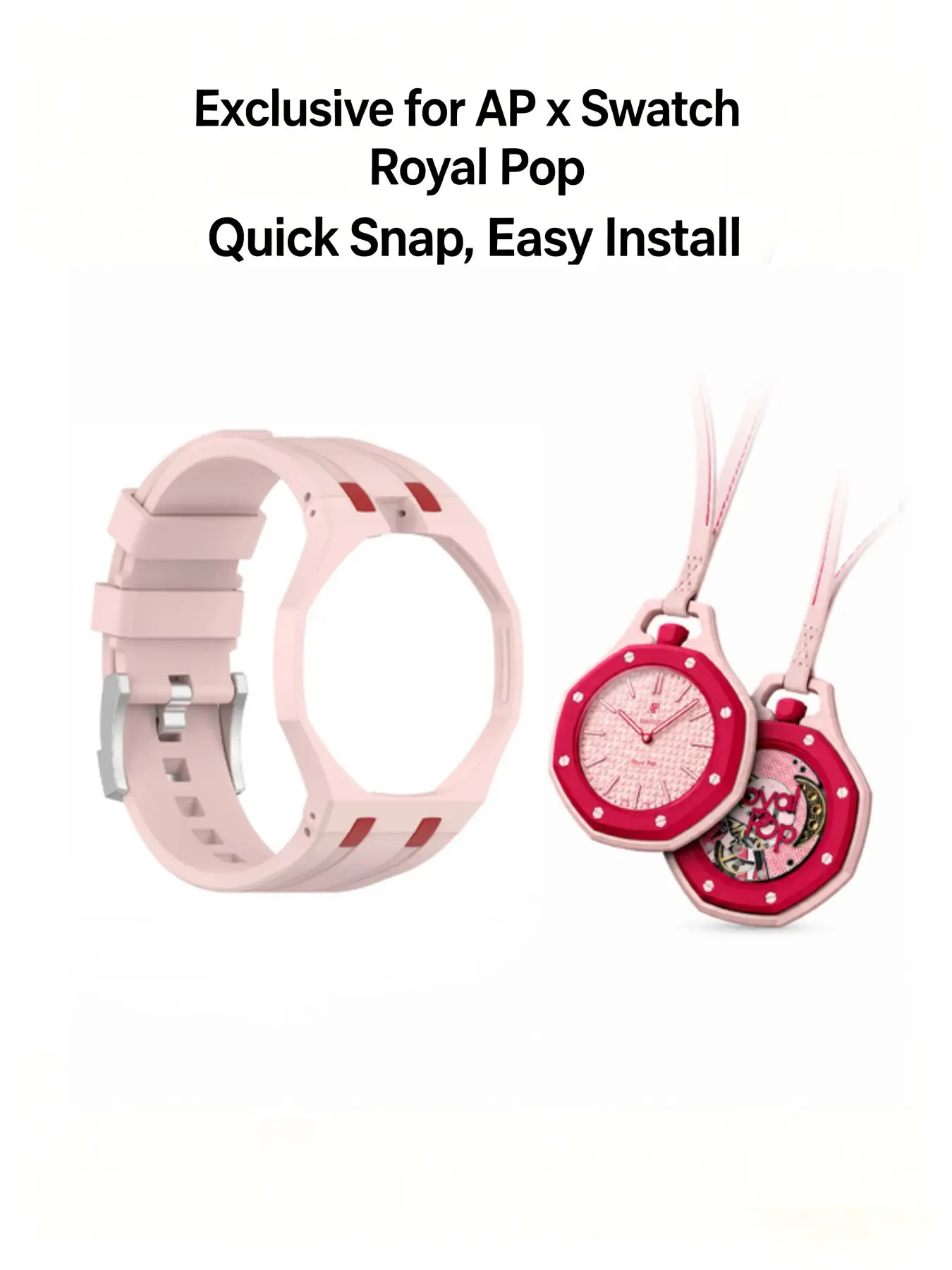 Premium Soft Rubber Watch Strap Light Pink Adapter Compatible with AP x Swatch Royal Pop Quick Snap Easy Install Replacement Wrist Band Stylish Accessory Durable Sweat Resistant Comfort Band for Daily Casual Outdoor Watch Styling
