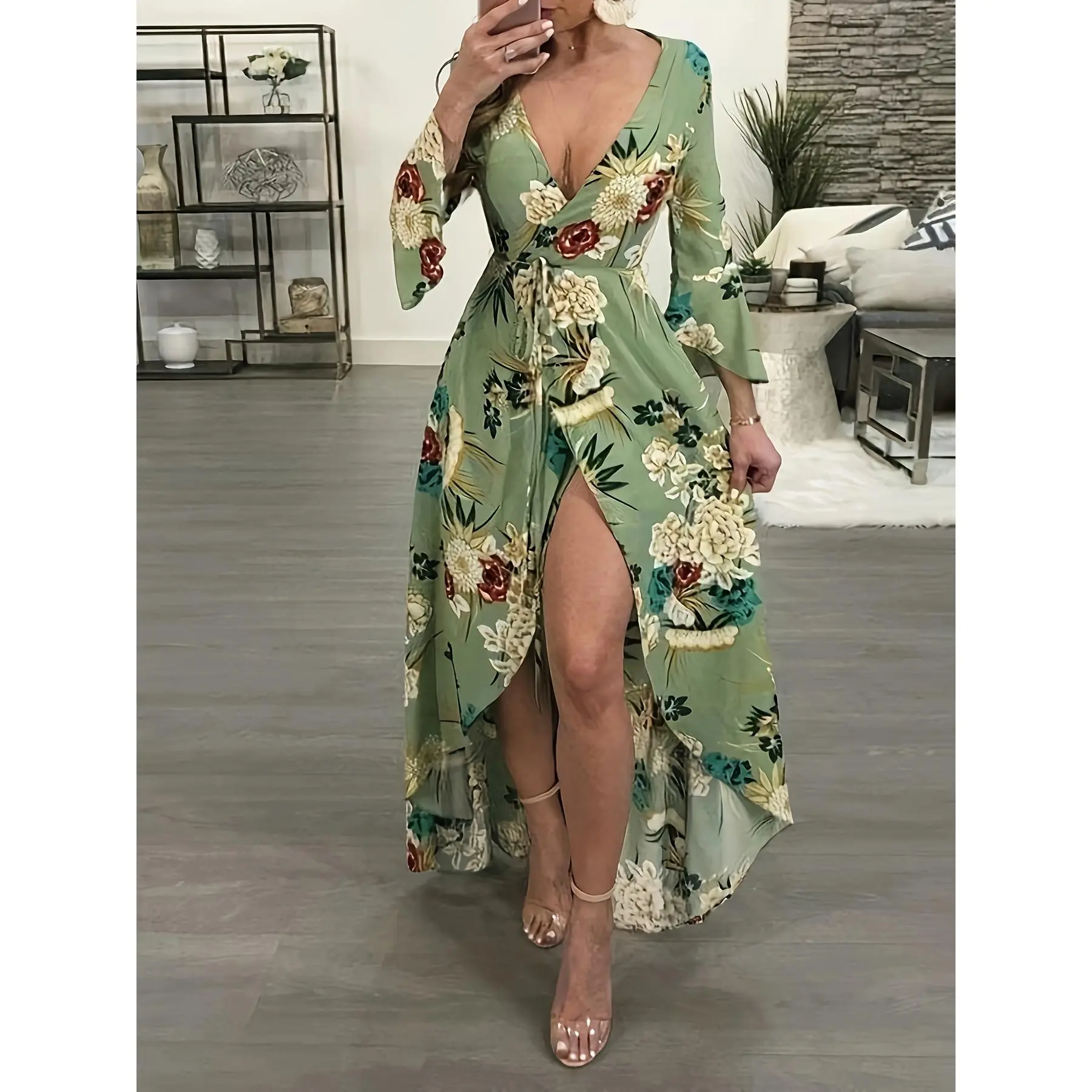 Printed V-Neck Slit Elegant Dress
