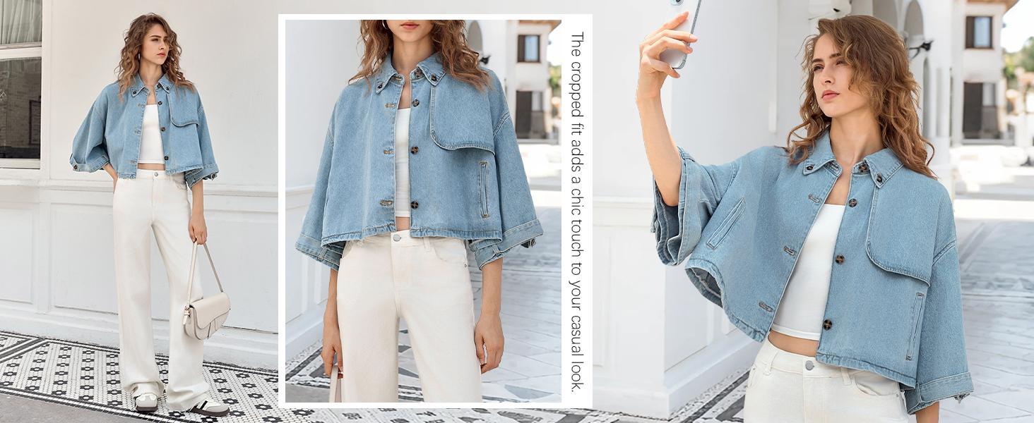 Women's Oversized Cropped Trench Coat, Single-Breasted 3/4 Cape Sleeve, Button-Up Casual Trendy Outerwear