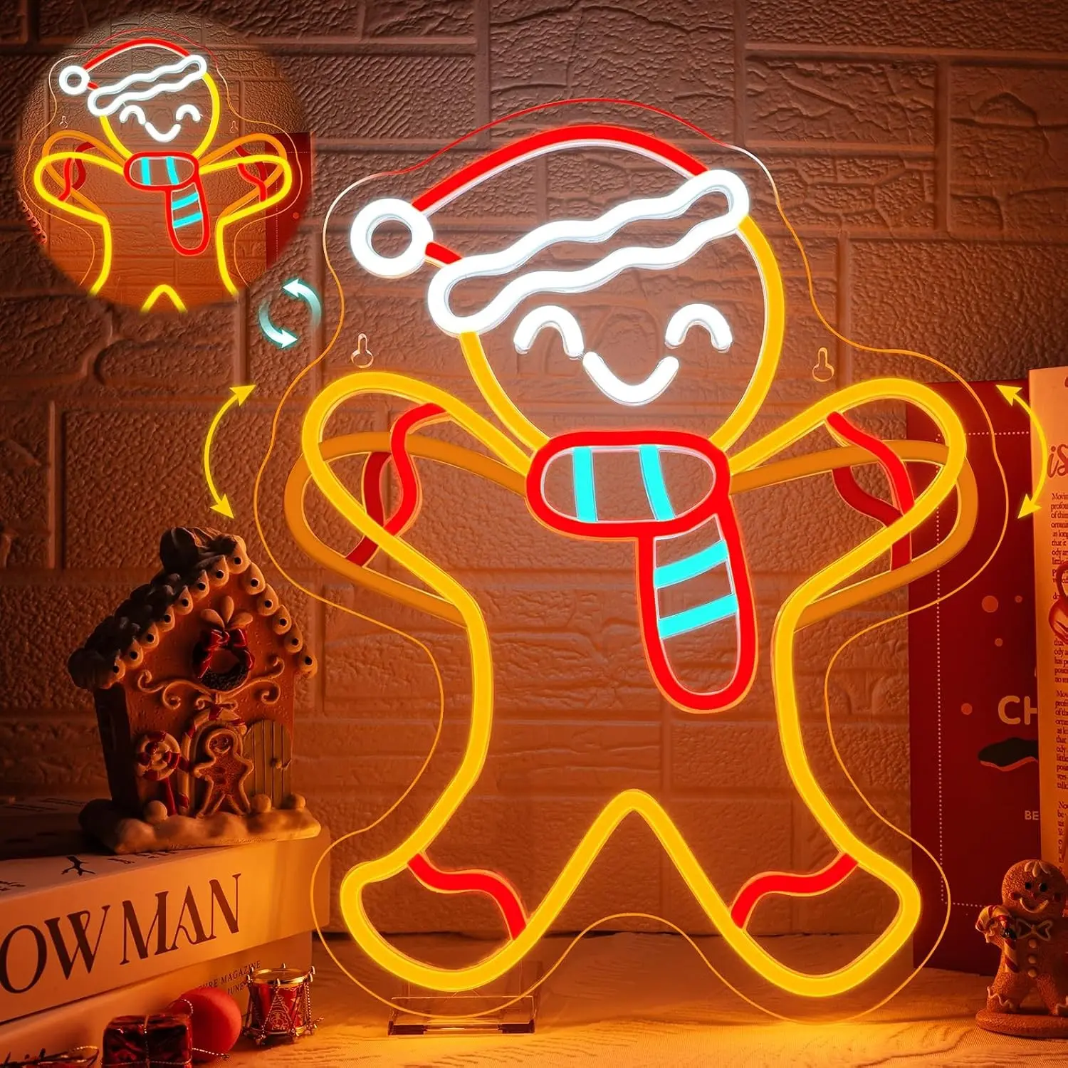 Christmas Gingerbread Man Neon Light, USB Powered LED Wall Mount, Adjustable Atmosphere Lamp, 32x40cm, Decorative Holiday Decor, Gift Idea