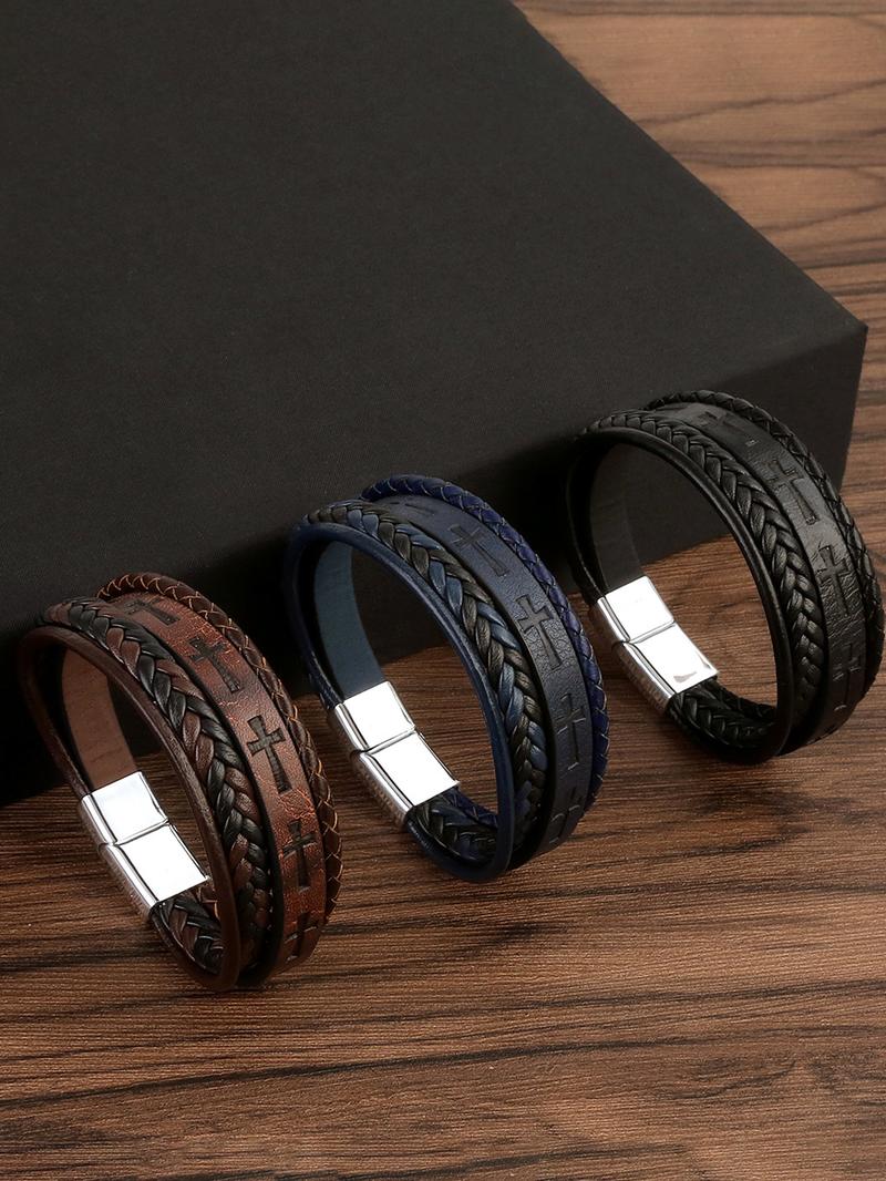 Men's Vintage Cross Design Braided Leather Bracelet, Street Style Party Jewelry Accessories, Daily Clothing Decor, Birthday Holiday Gift