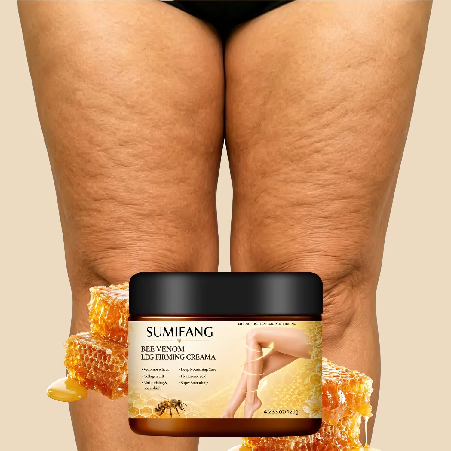 SUMIFANG Bee Venom Firming Cream (120g) with Caffeine + Squalane – Visibly firms thighs and legs; suitable for all skin types; ideal for skin lacking elasticity or with a rough texture; perfect for post-workout use and pre-summer leg prep.