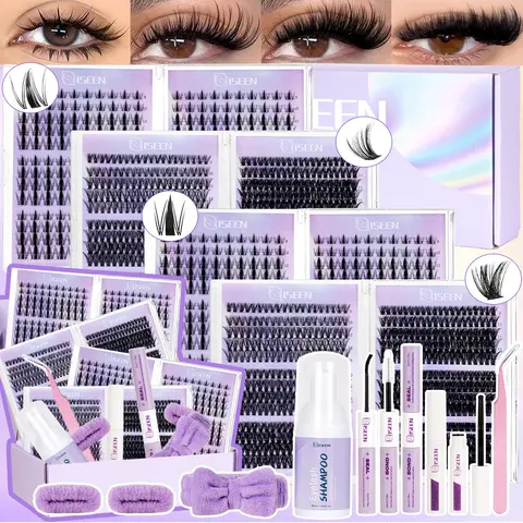 Mixed 8-16mm D Curl Lash Clusters Kit, Eyelashes Extension Set, Natural Fluffy Individual Cluster Lashes, With Lash Bond, Seal, Remover, Tweezers, Eyelash Shampoo & Hairband, DIY Eyelash Extensions, Easy for Beginners, Gift for Women
