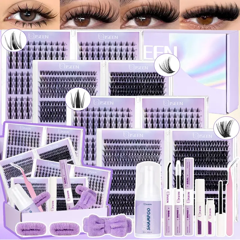 Mixed 8-16mm D Curl Lash Clusters Kit, Eyelashes Extension Set, Natural Fluffy Individual Cluster Lashes, With Lash Bond, Seal, Remover, Tweezers, Eyelash Shampoo & Hairband, DIY Eyelash Extensions, Easy for Beginners, Gift for Women