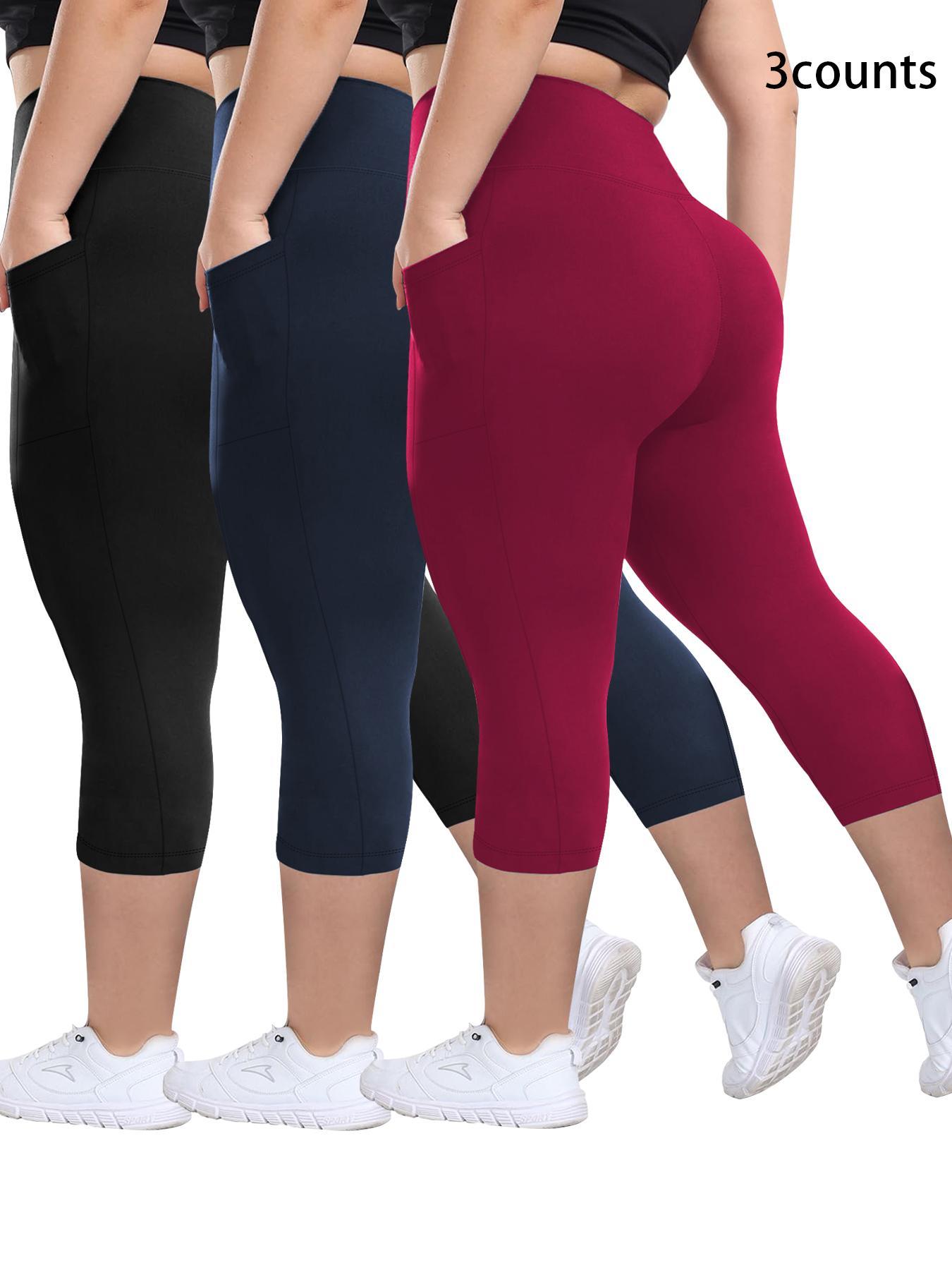 Plus Size Plain Pocket High Waist Capris Leggings, High Stretch Leggings, Casual Comfy Breathable Skinny Capri Pants for Daily Wear, Women's Plus Bottoms for Summer, Workout Clothes