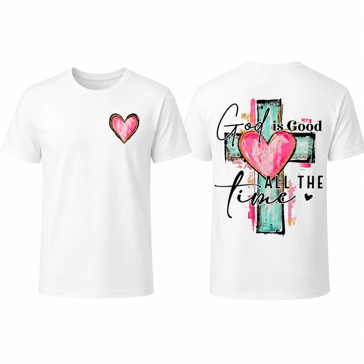 Casual Relaxed Fit Pullover T-Shirt, Menswear Short Sleeve Top with a 'God is Good' Hand-Drawn Cross Graphic, Tops, Shortsleeve, Round Neck, Bold Faith Graphic