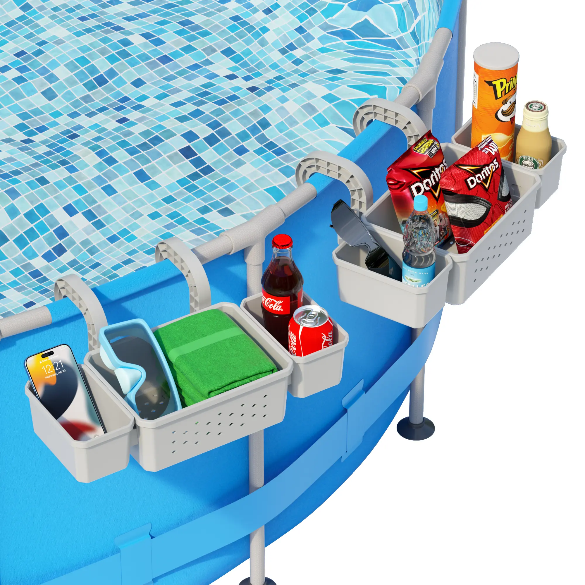 POOLHOUR Poolside Storage Basket with 2 Cup Holders, Stretchable Pool Toy Basket for Towels Beverages, Multifunctional Poolside Holder for Most Frame Pool Accessories (2Pack)