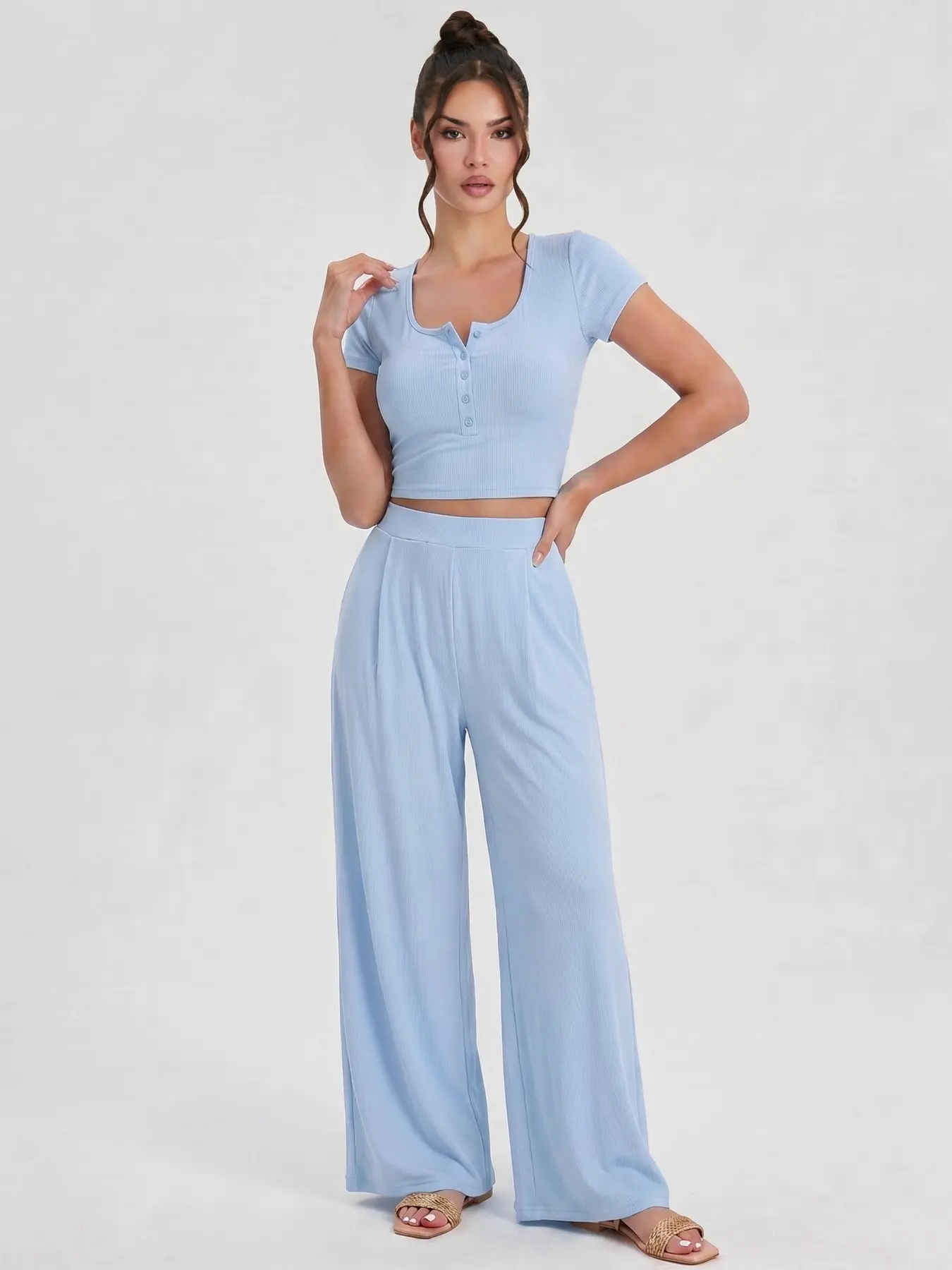 Katch Me Women's Chic Leisure Solid Color Partial Button Short Sleeve Top & Ruched Wide Leg Trousers Co-ord, Lightweight Skin-Friendly Everyday Two-Piece Outfits, Drapable Daily Wear