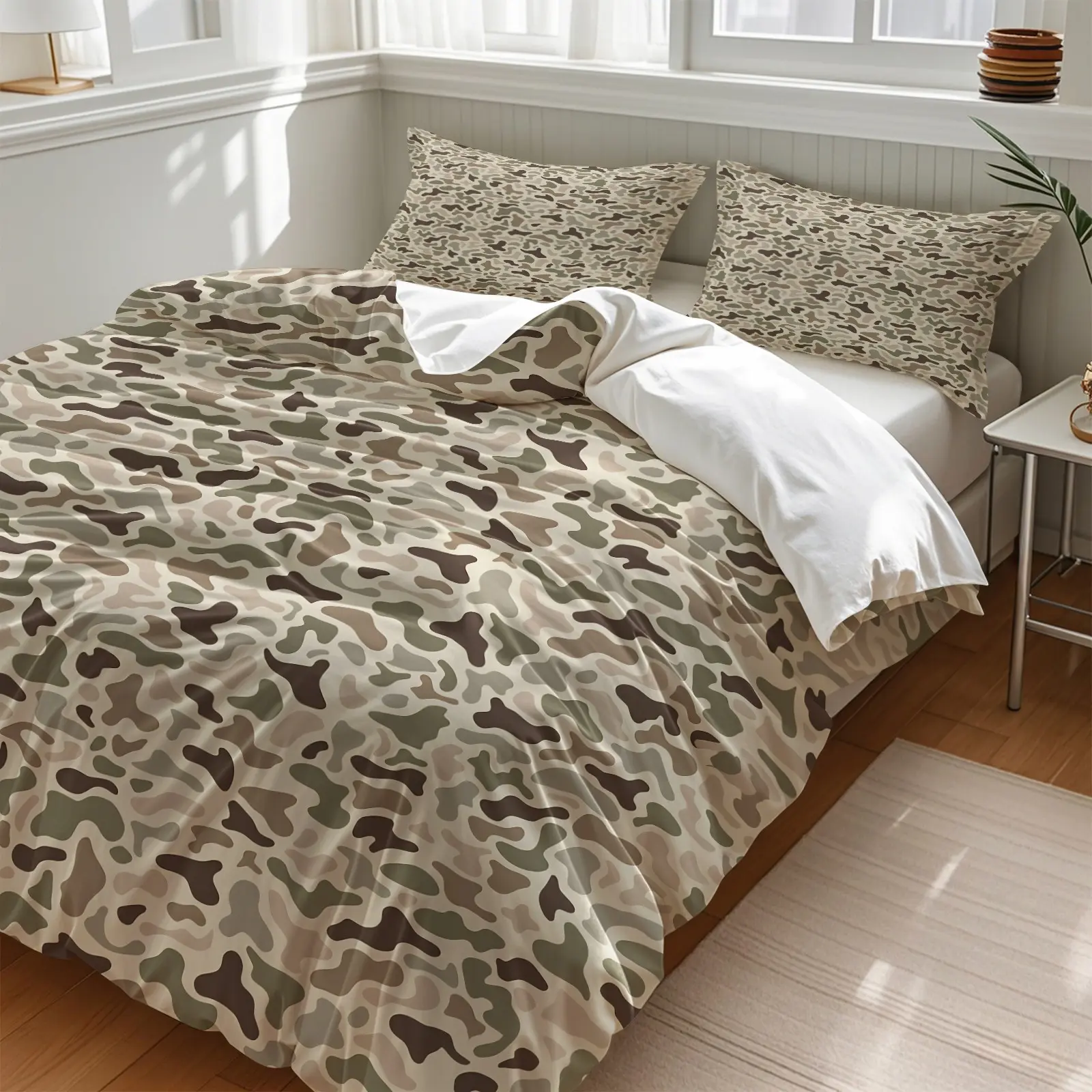 3PCS Vintage Neutral Army Camo Decorative Duvet Cover Set (1 Duvet Cover + 1-2 Pillowcases), Muted Khaki Beige Camouflage Pattern, Soft Cozy Skin-Friendly Lightweight Bedding, Ideal Casual Outdoor Teen Boys Dorm Decor Gift