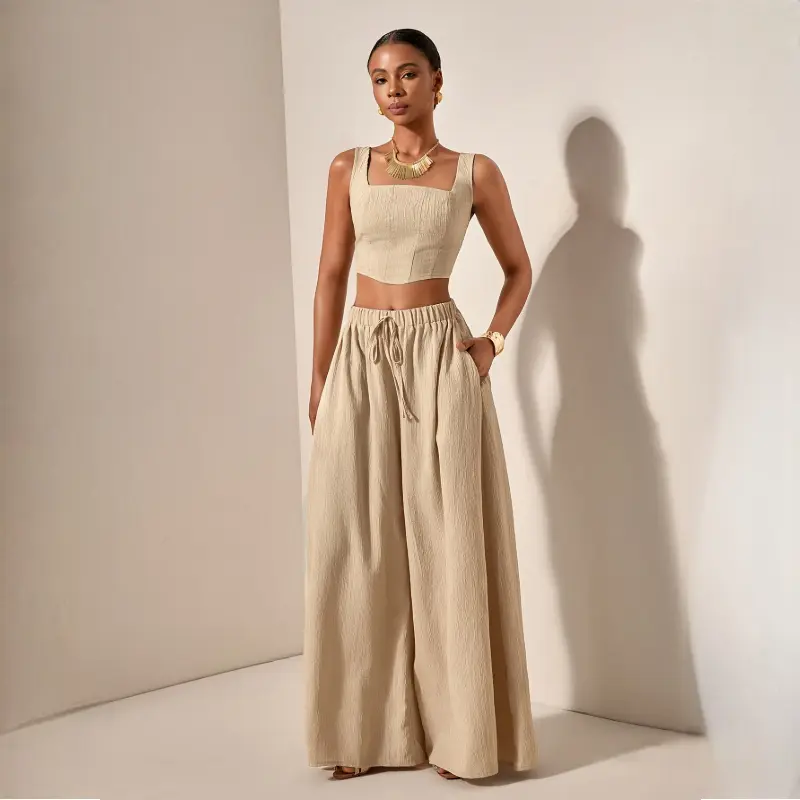 Spring/Summer Vacation Casual Fishbone Cami Top And Wide-Leg Pants with Pockets 2pcs Set, Textured Fabric Material