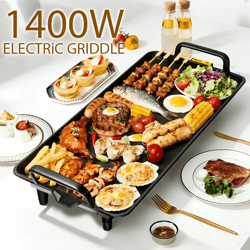 [Electric Grill Pan] Smoke-Free Electric Grill Pan For Home Gatherings Non-Stick Grill Tray Indoor Grill & Pan Combo Non-Stick Coating Simultaneously Grill Steaks/ Oysters/ Skewers Multi-Person Barbecue Grill Adjustable Temperature & Drip Pan Camping BBQ