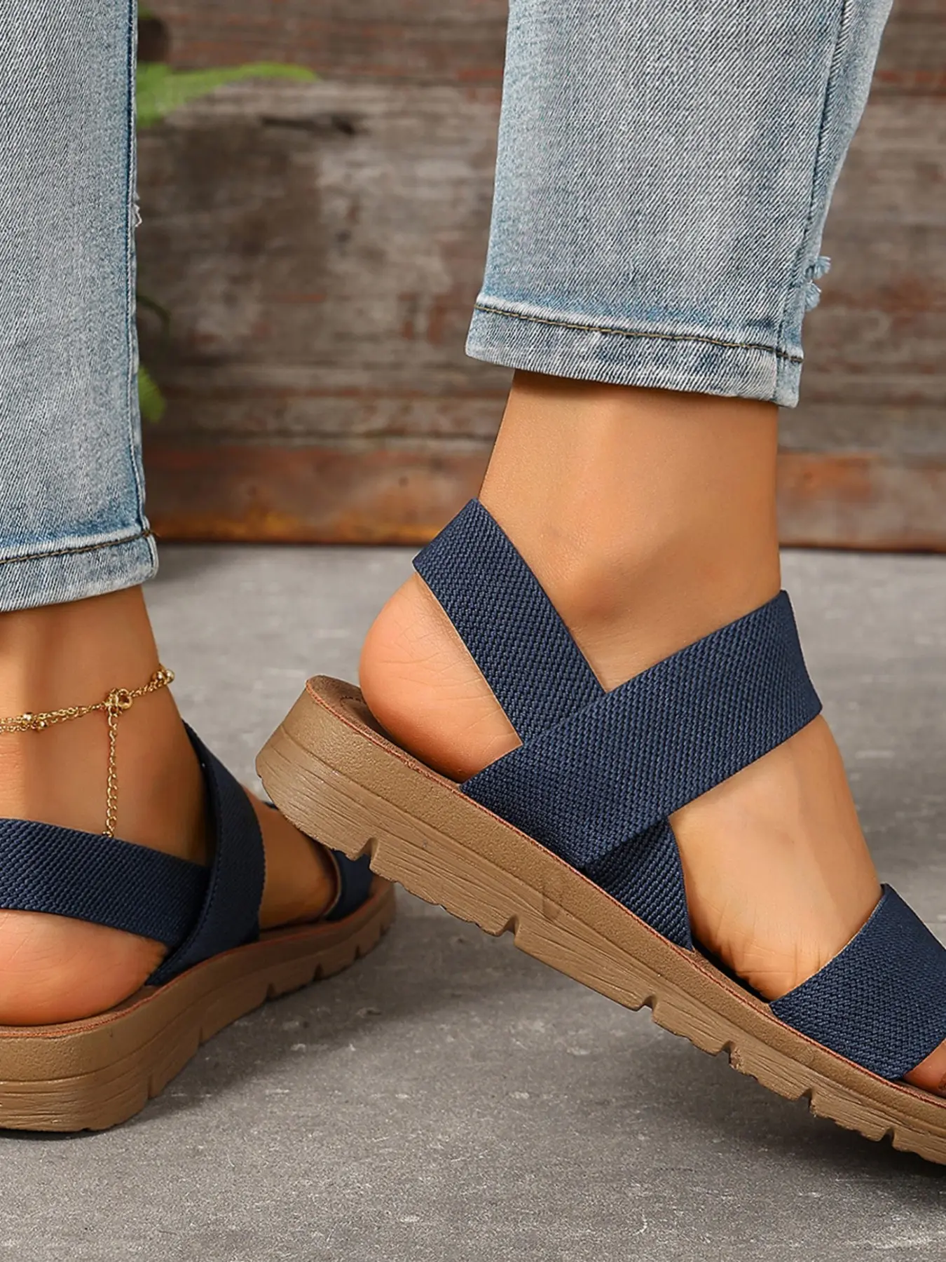 Women's Elastic Double Strap Wedge Heel Thick Sole Sandals, Open Toe Back Strap, Soft Cushioning Anti-Slip Lightweight, Summer Beach Travel Casual Shoes
