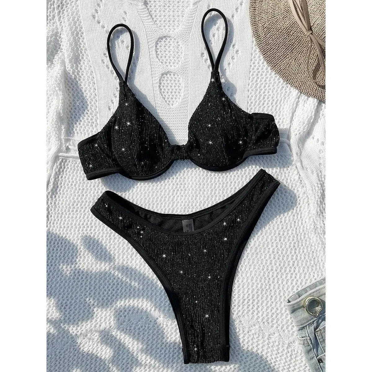 Shiny Sparkling Underwired V-bar Bikini Women Swimwear Female Swimsuit Two-pieces Bikini Set Smocked Push Up Bathing Suit Swim