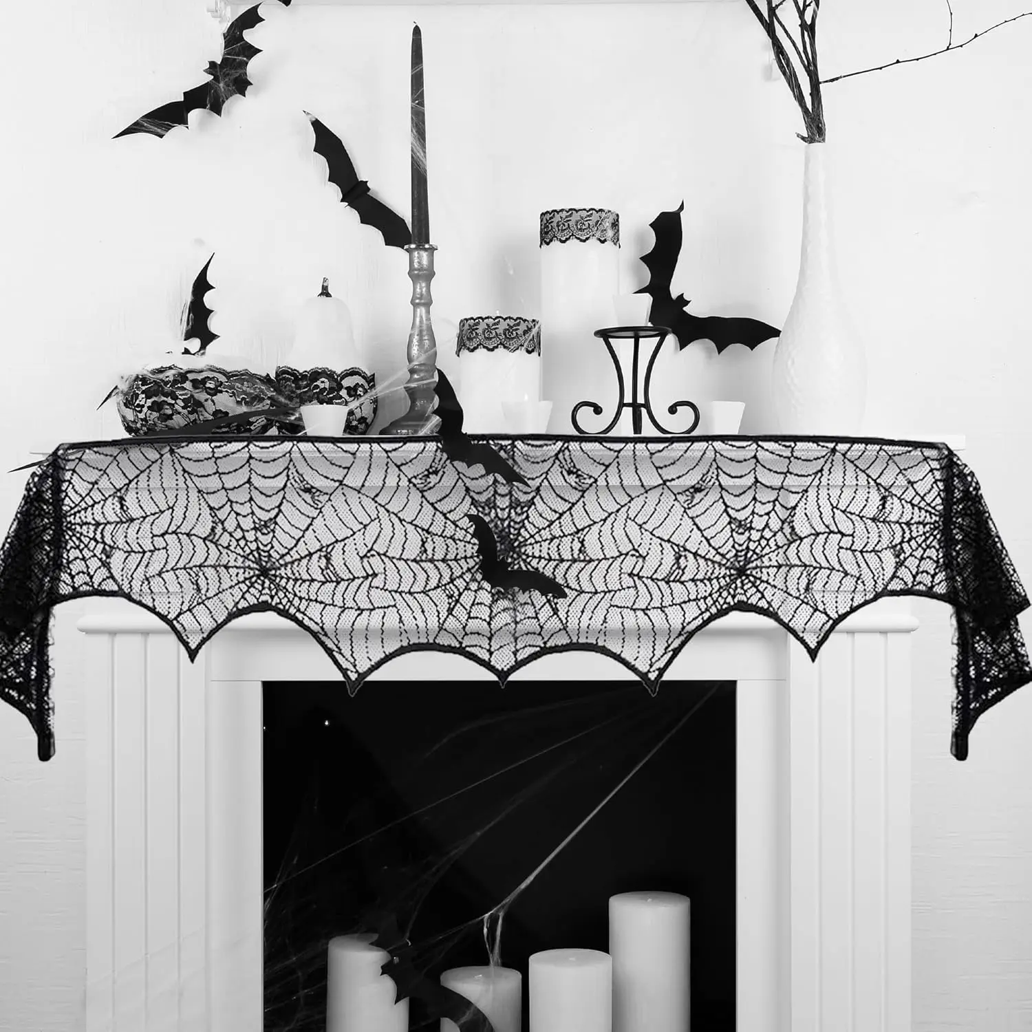 Black Lace Spiderweb Halloween Mantel Scarf, Spooky Unisex Rectangular Indoor Decor Fireplace Accessory with Lace Edge (18x96 in), Default Size