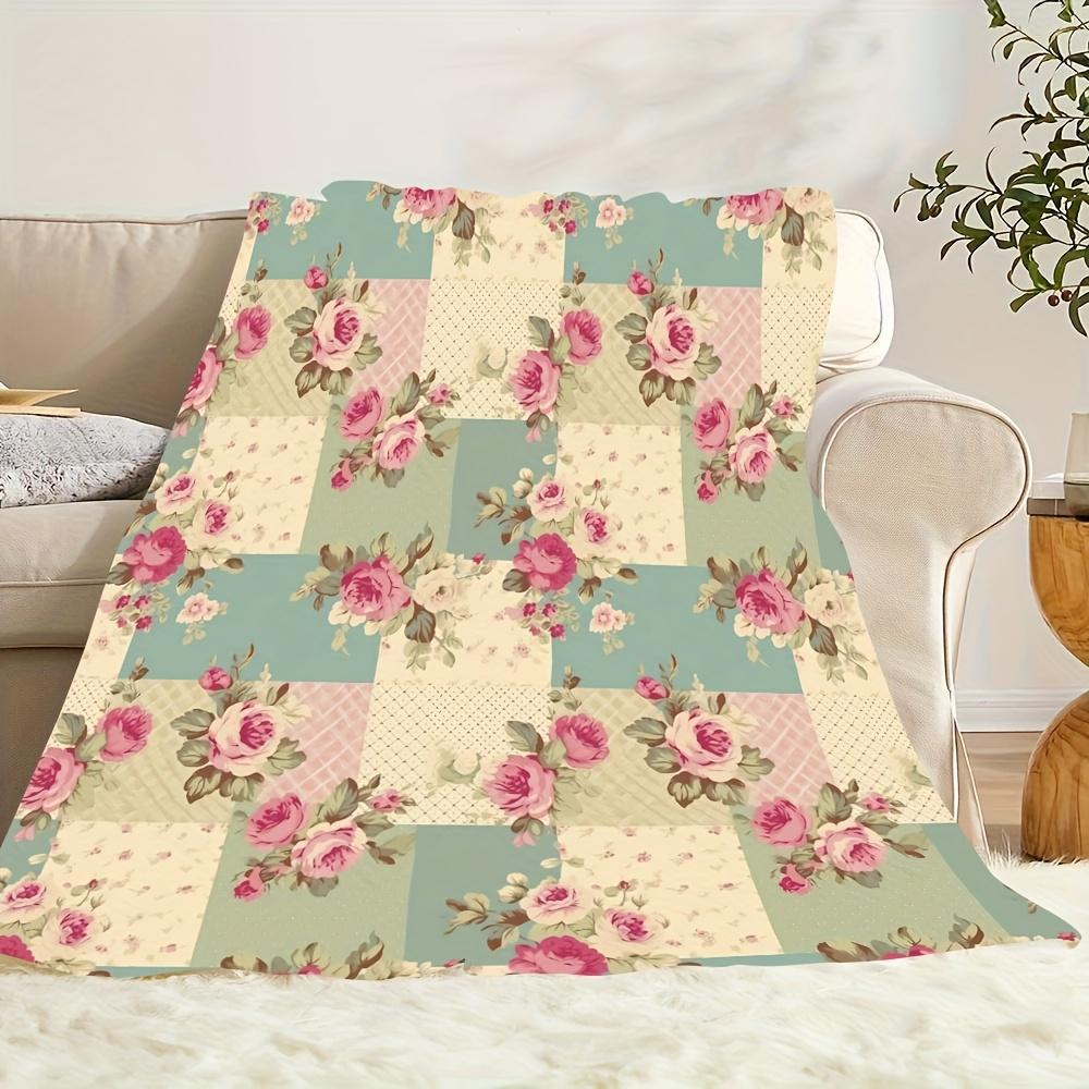 Vintage Floral Patchwork Blanket Cottagecore Room Decor Pink Rose Flannel Throw Shabby Chic Soft Warm Cozy Couch Bedding