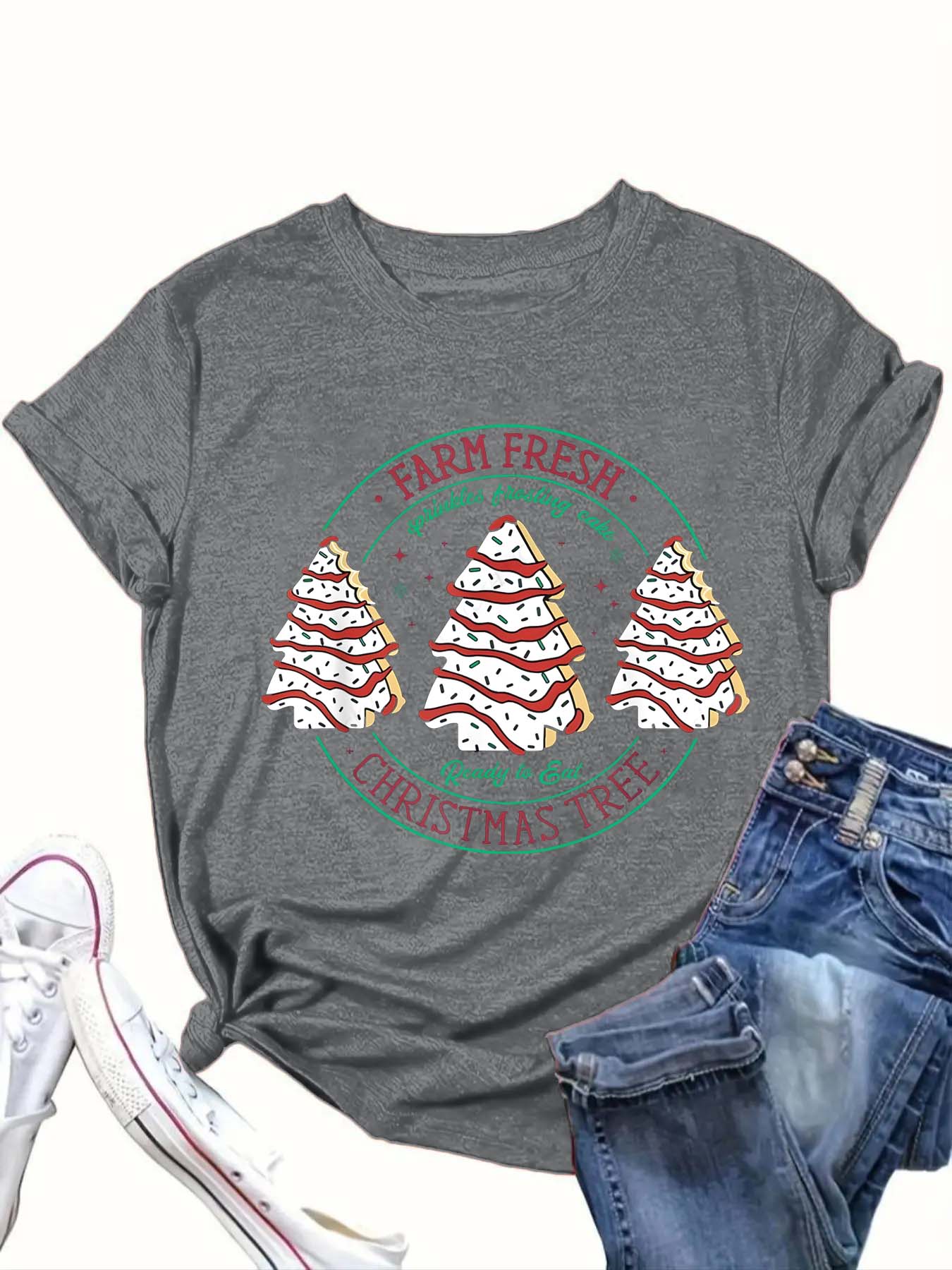 【Plus Size】 Cartoon Christmas Tree & Letter Print Round Neck Tee, Casual Short Sleeve Crew Neck T-Shirt for Summer, Women's Christmas and New Year Clothing for Daily Wear