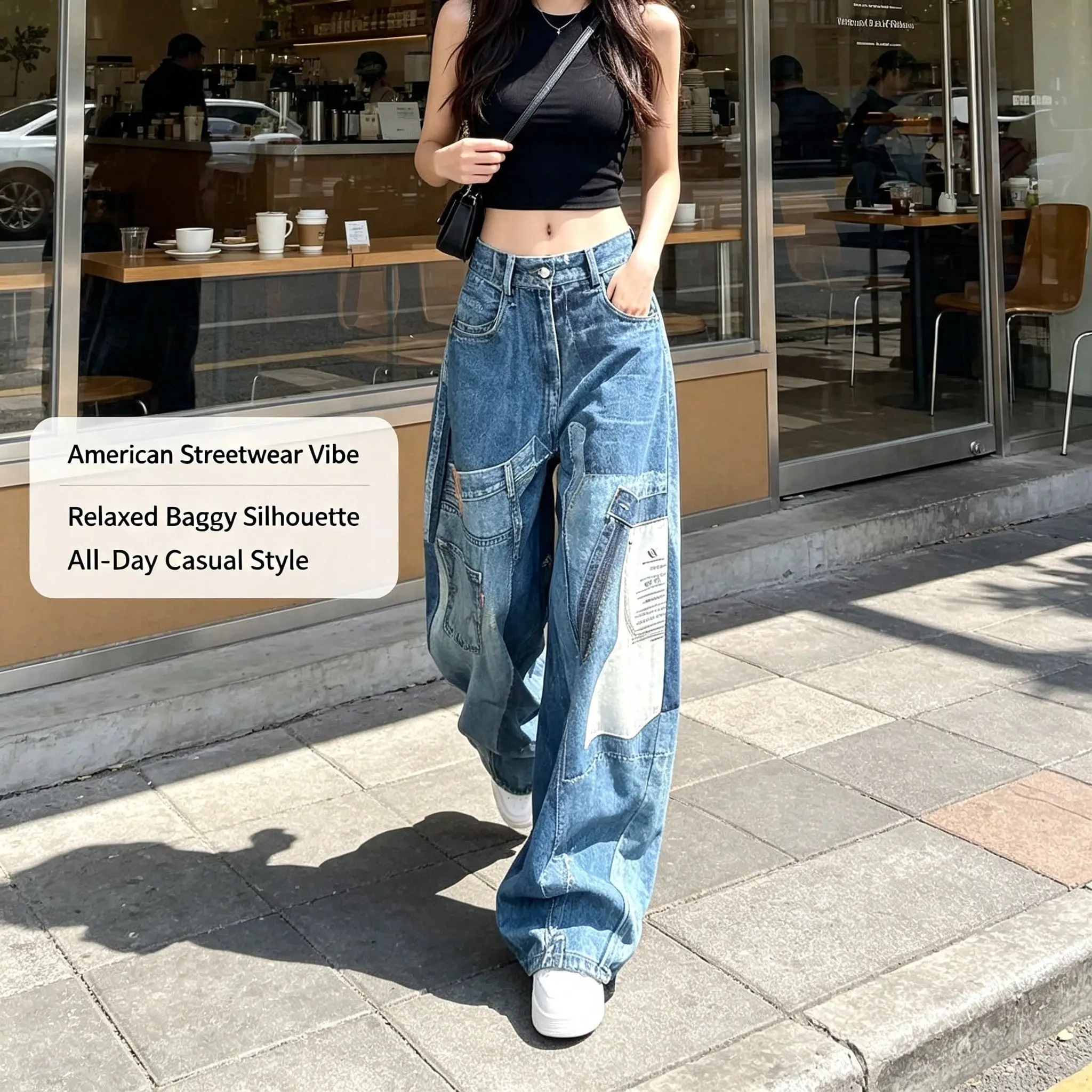 “Patchwork Curved Baggy Jeans | Vintage Blue Denim Floor-Length Streetwear”