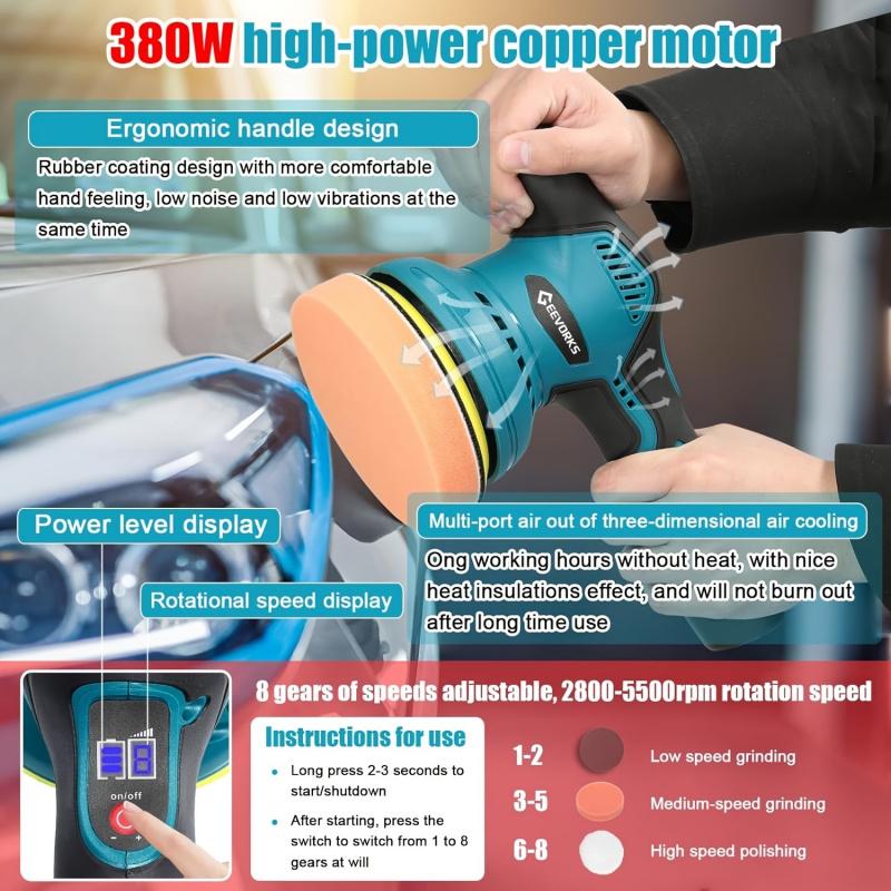 Wireless car polisher, equipped with 2 12V rechargeable batteries, 6inch mini polisher set, 2800-5500 RPM orbital polisher, variable speed, suitable for fine polishing, buffing, and scratch removal on boats and cars