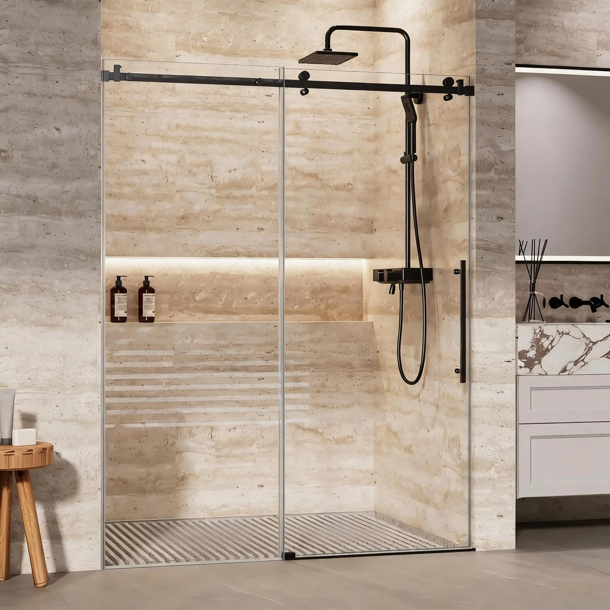 GAOMON Frameless Sliding Shower Door with 5/16" (8mm) Clear Tempered Glass, Combining Modern Design and Durable, High-Quality Materials for Safety and Style in Bathrooms
