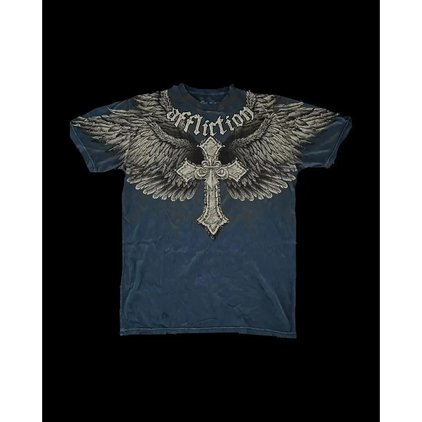 Dark Blue Street Affliction Big wing T shirt Vintage Clothing Punk Hip Hop Graphic Print Oversized tops Men Round Sleeve Tops