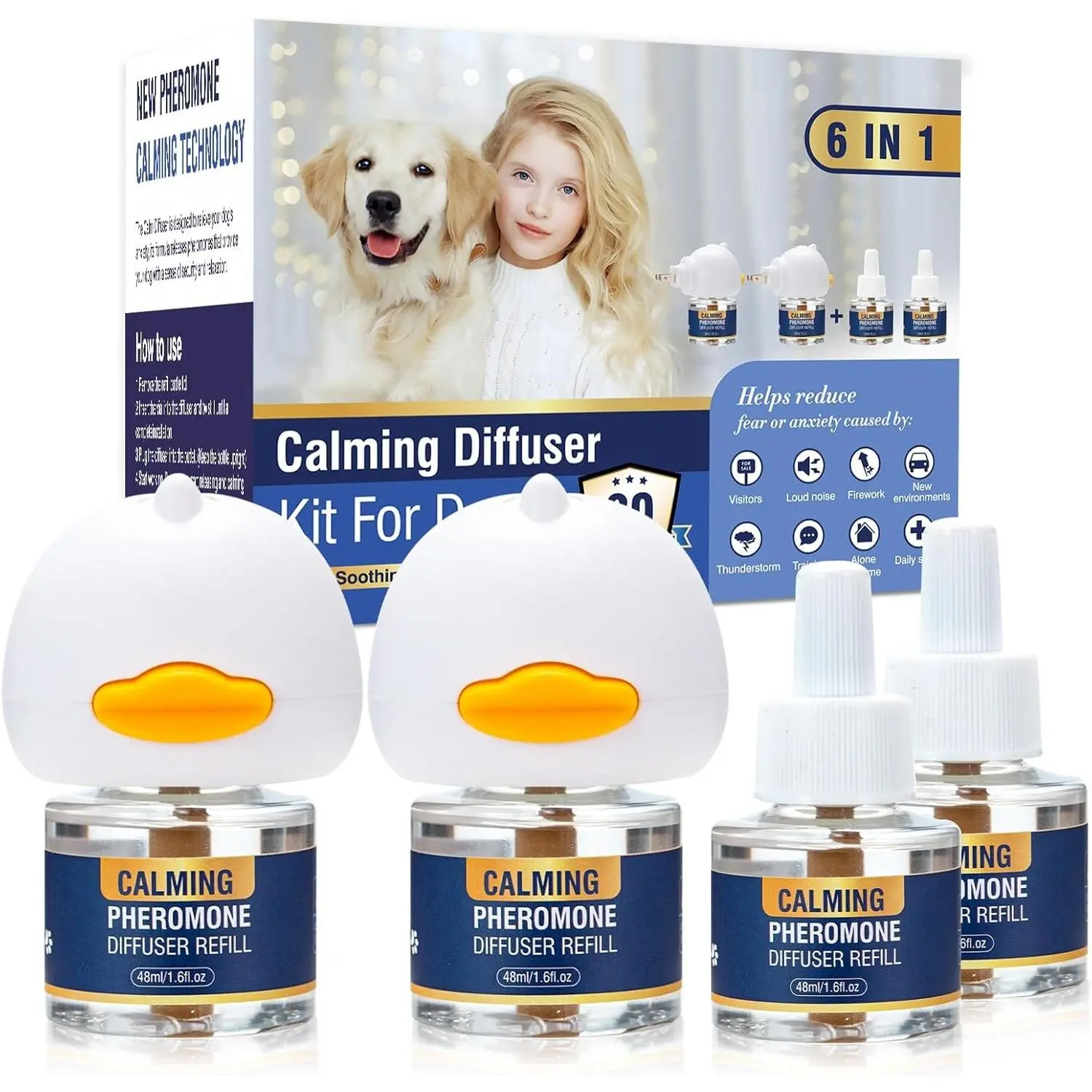 Dog Calming Pheromones Diffuser 6 in 1 Anxiety Relief Reduce Aggression Fighting Barking Stress 120 Day Supply 2 Plug in+4 x48ml Refill