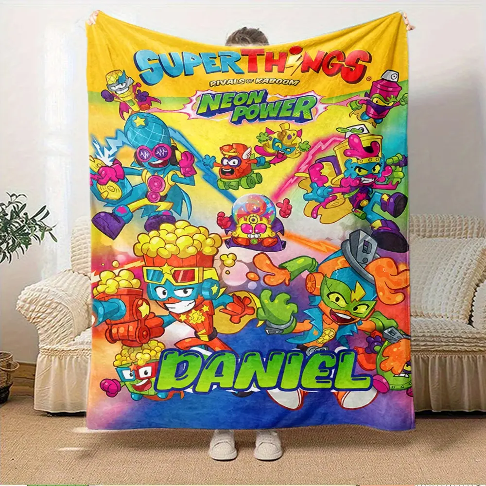 Custom Name Superthings Rivals of Kaboom Neon Power Full Character Fleece Throw Blanket, Rainbow Gradient Kids Toy Cartoon Print, Soft Lightweight Blanket For Boys Toddler Bedroom Superhero Toy Lover Birthday Gift