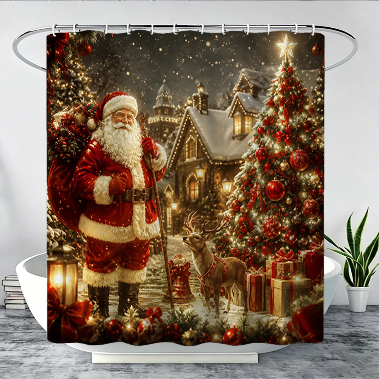 Thickened 1/4 piece Christmas Santa Claus shower curtain set, including shower curtain, toilet pad, bathroom pad, and toilet lid cover, with 12 hooks, bathroom decoration accessories