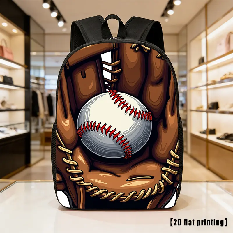 Baseball Backpack for Boys Girls, 2D Flat Print Sports School Bag with Baseball Glove Ball Graphic, Lightweight Student Bookbag with Side Pockets, Travel Daypack for Kids Teens, Practice Gear Bag, Back to School Gift for Baseball Fans Daily Use Bag