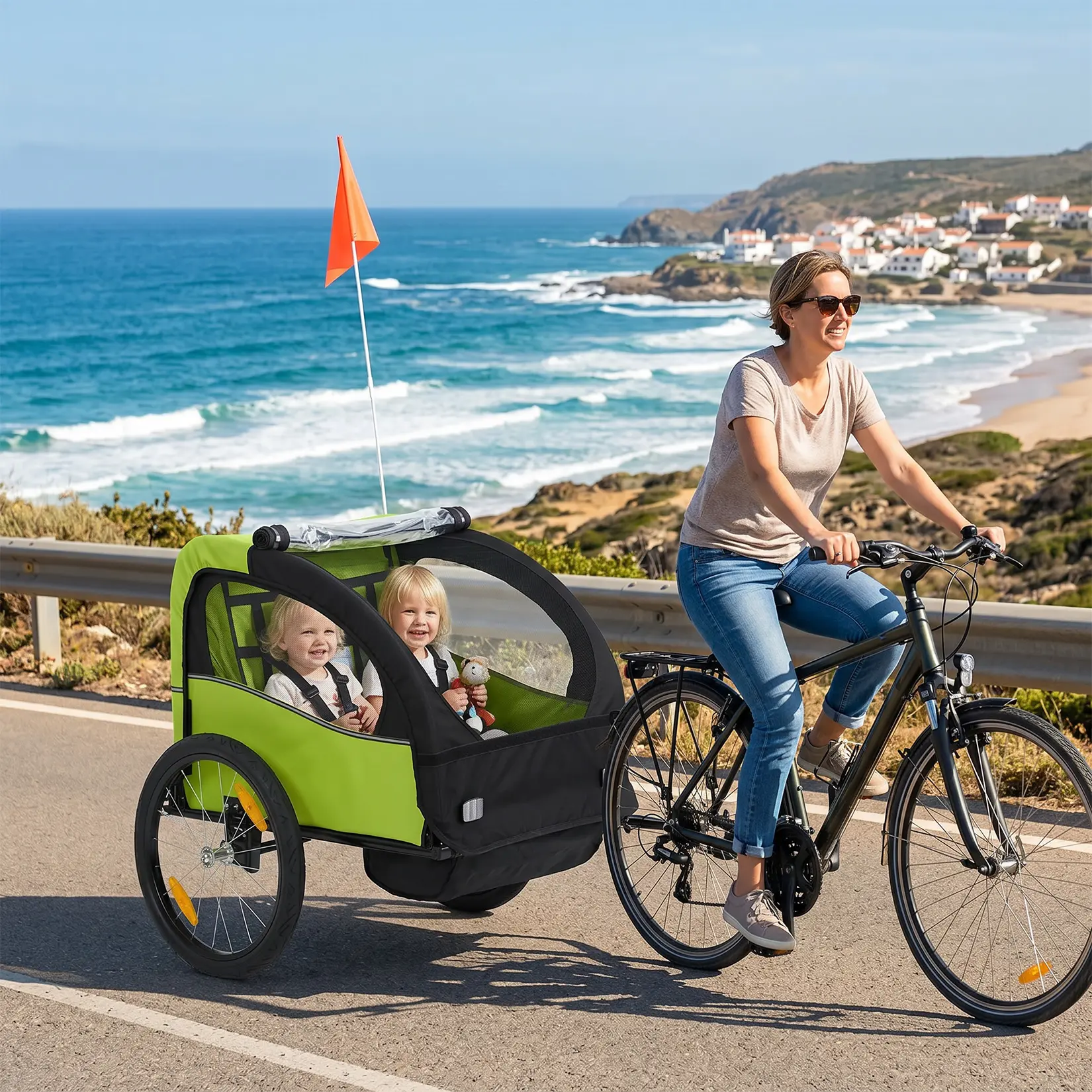 ESB830 Child Bike Trailer for 2 Kids, Lightweight Steel Frame Oxford Fabric with 16" Quick-Release Wheels – Black-Green