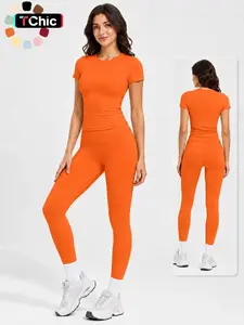 Women's 2 Piece Athletic Workout Sets, Short Sleeve Round Neck Slim Fit Crop Tee High Rise V Front Yoga Leggings Outfits, Casual Running Gym Activewear Tracksuit for Daily Wear