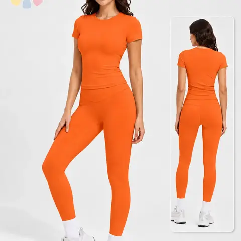 Women's 2-Piece Athletic Workout Set, Sports Wear, Short-Sleeve Round-Neck Slim-Fit Crop Tee & High-Rise V-Front Yoga Leggings, Casual Running Gym for Daily Wear
