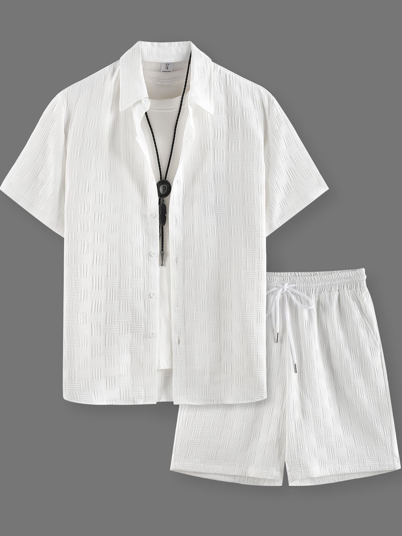 Men's Regular Fit Short Sleeve Pajama Two-piece Set, Casual Comfy Button Up Top & Shorts Pj Set, Men's Summer Sleepwear, Loungewear, Lounge Pajamas, Pyjamas, Plain, Casual Loungewear Outfit