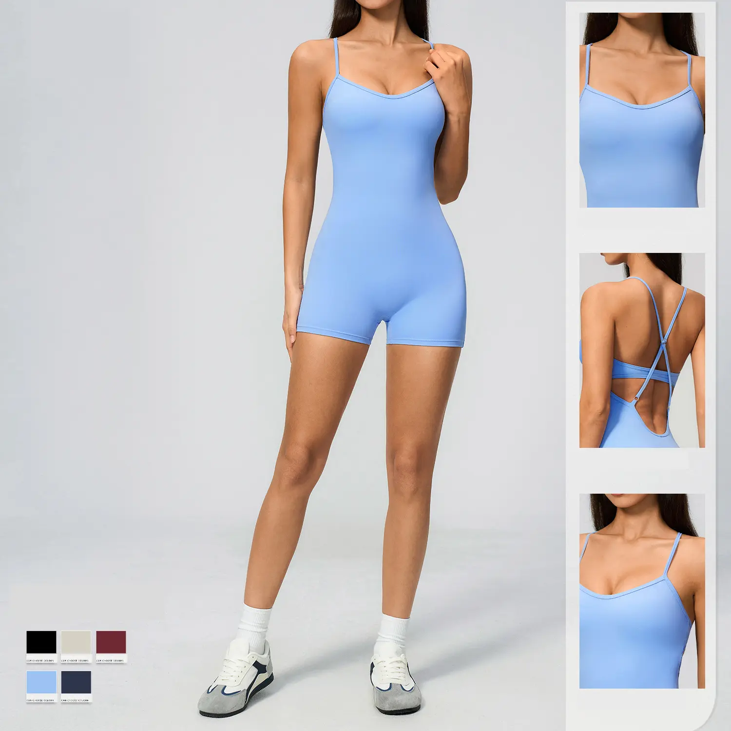 Women's Thin-Strap Open-Back Quick-Dry Yoga Short Jumpsuit – Adjustable Back Straps, Removable Bra Pads, Seamless Skinny-Fit Athletic Romper, Soft Stretchy Quick-Dry Sport Onesie, Perfect for Gym, Pilates and Daily Casual Wear
