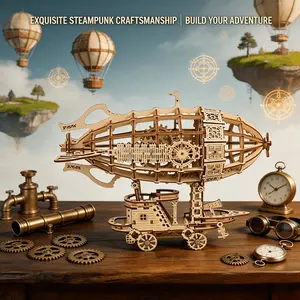 Steampunk Airship Wooden 3D Puzzle Model Kit, No Glue Interlocking Mechanical Gear DIY Assembly Craft, Vintage Fantasy Zeppelin Desktop Collectible Decor Gift for Men Teen Steampunk Lover Birthday Christmas
