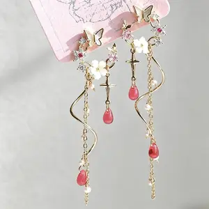 Fairycore Butterfly & Flower Earrings | Gold Tone with Pink Teardrop & Pearls