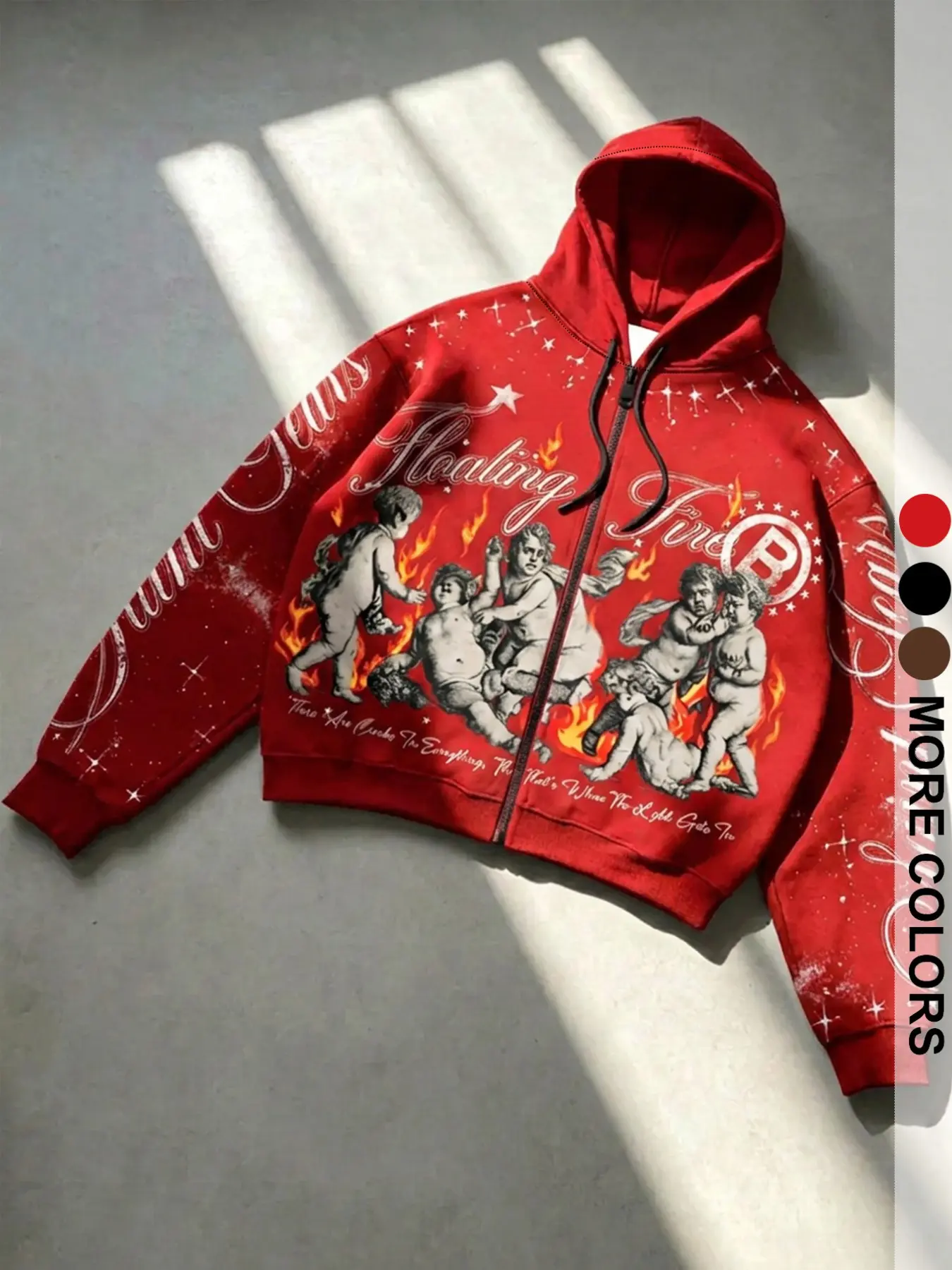 American Vintage Flame Angel Zipper Sweatshirt, Starry Sky Splatter Script Letter Distressed Open Front Hooded Jacket, Fall & Winter Streetwear
