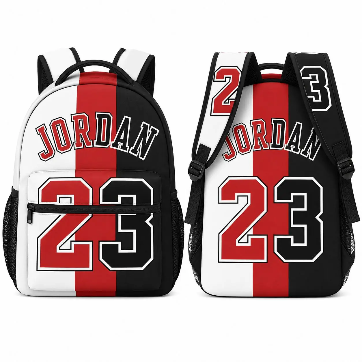 Red White 23-Number Basketball Backpack for Boys Girls - Black Color Block Varsity Jersey Style, Zippered Front Pocket, Dual Mesh Side Pockets, Top Handle, Sporty Look School Bookbag for School Use, Dual Pockets